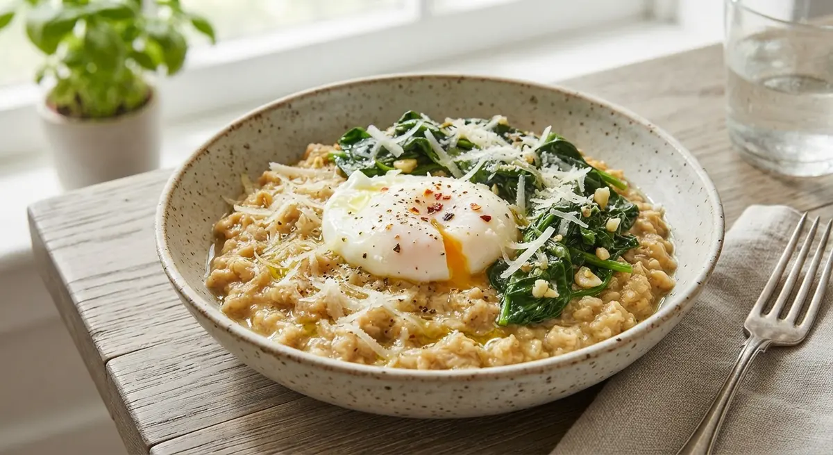 Savory Oat Porridge Poached Egg Spinach Parmesan